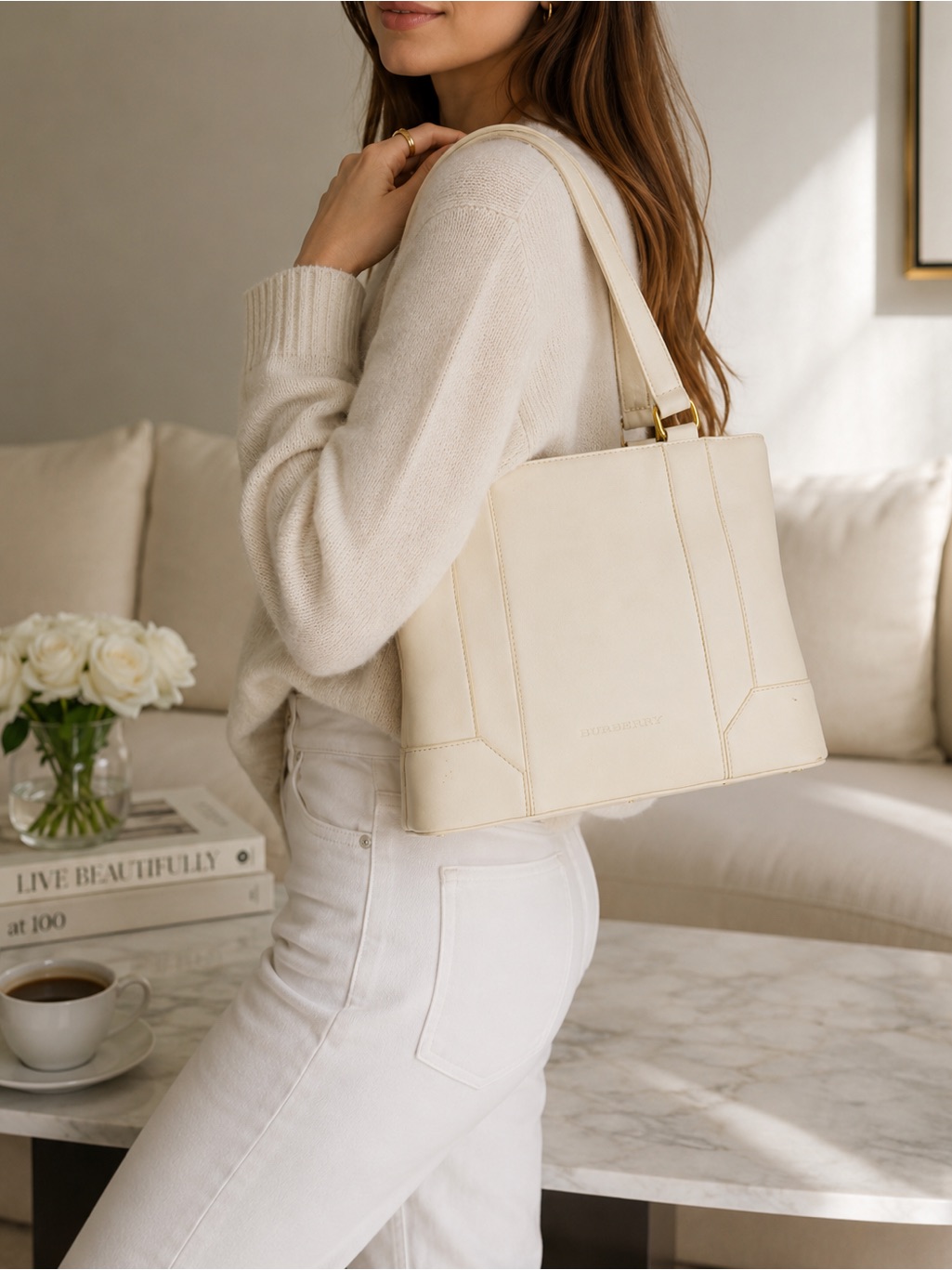 Vintage Burberry Ivory Leather Tote Bag Quiet Luxury Minimalist Shoulder Bag